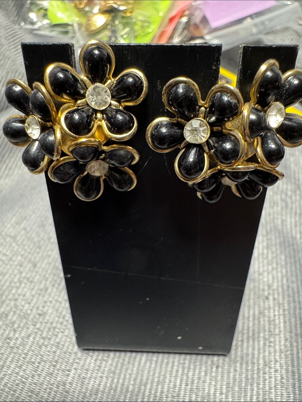 Coro Black & Gold Floral Cluster Earrings with Clear Centers